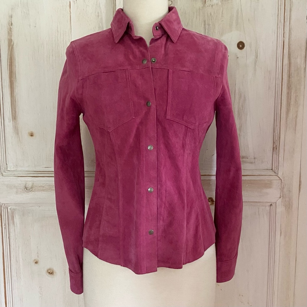 Vintage 1990s Suede Shirt 100% Leather Fitted Magenta Pink Snap Closures Pockets